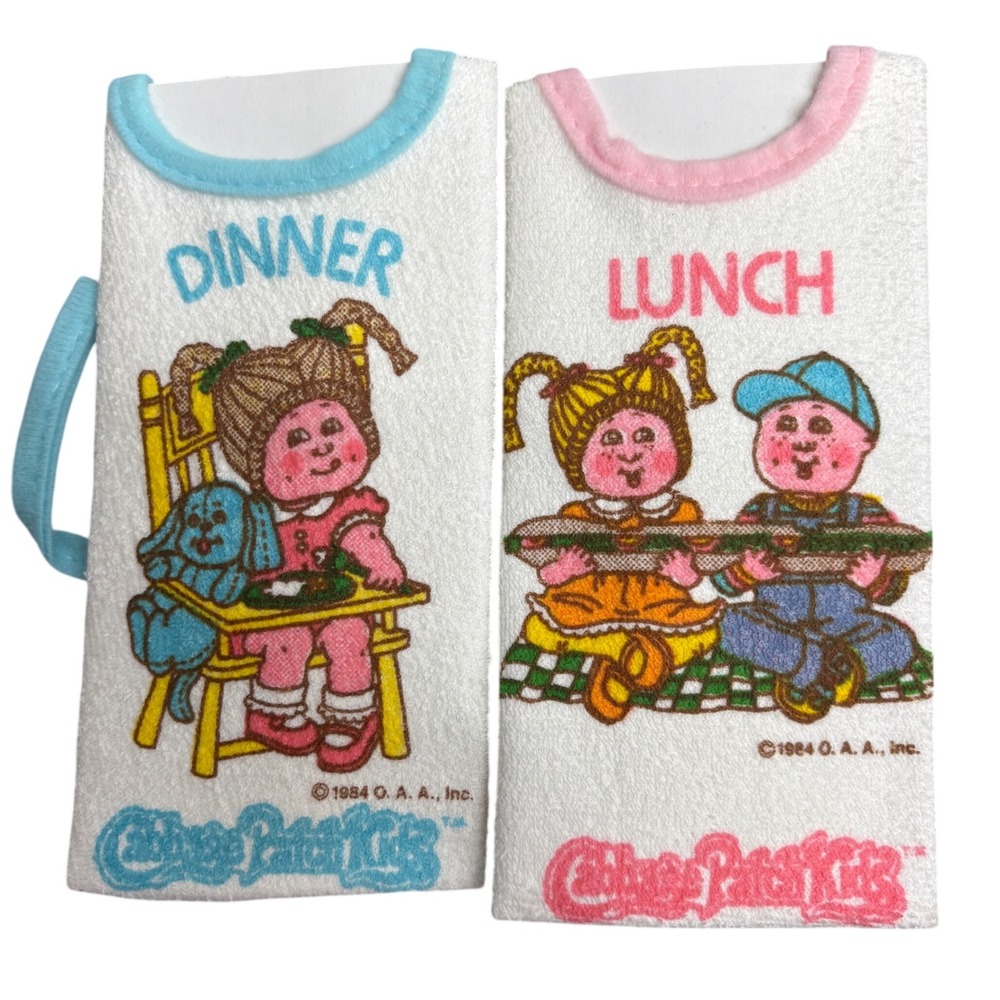 Vintage Cabbage Patch Kids Baby Bibs meal Set 2 Lunch Dinner Pink Blue Terry 80s